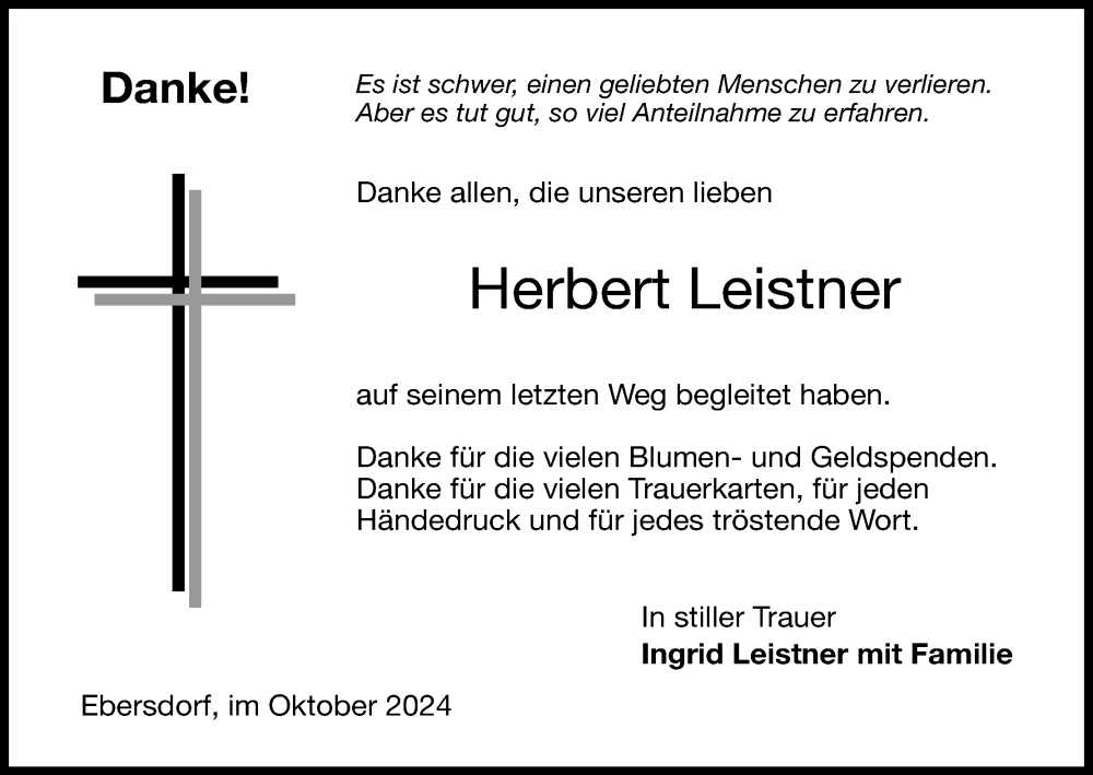  Traueranzeige für Herbert Leistner vom 05.10.2024 aus MGO