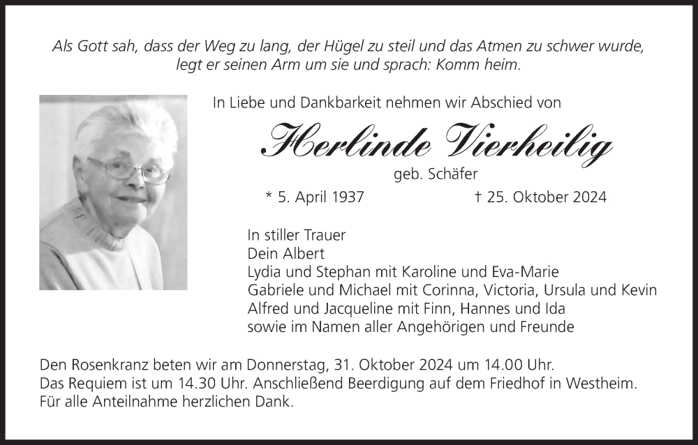  Traueranzeige für Herlinde Vierheilig vom 29.10.2024 aus MGO