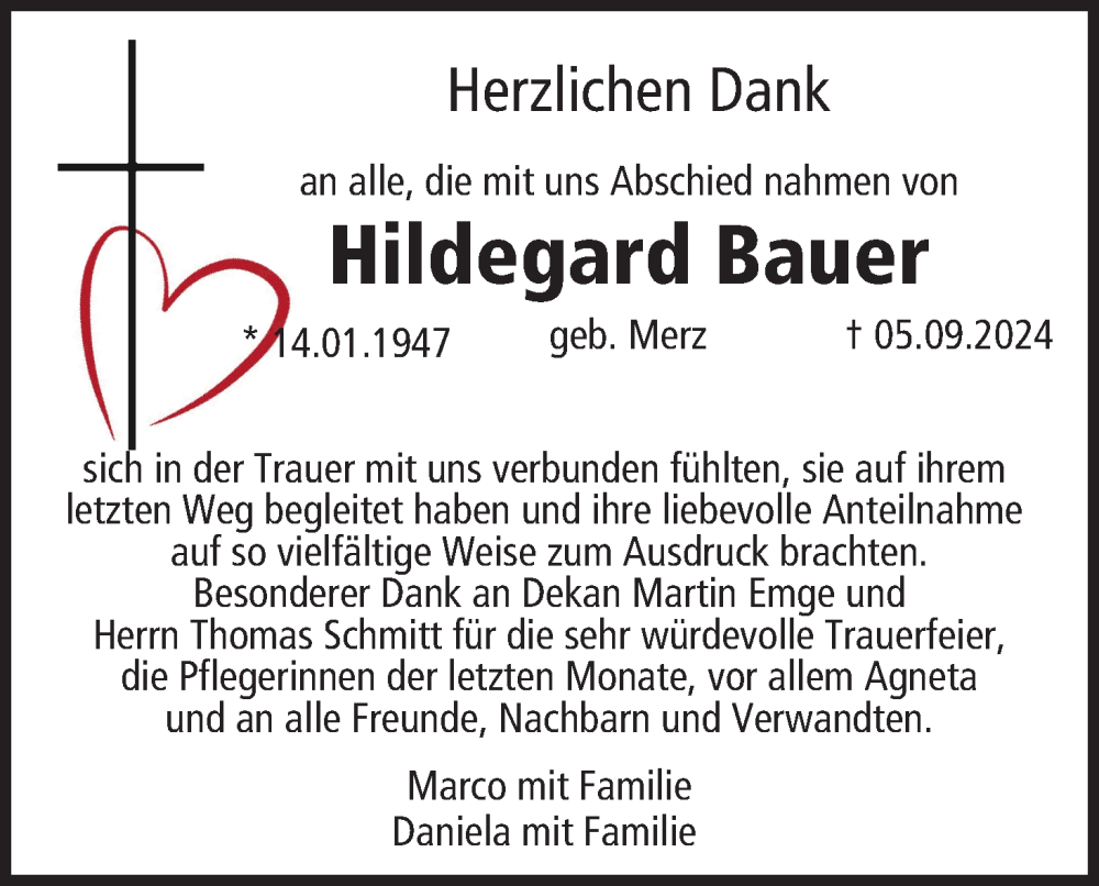  Traueranzeige für Hildegard Bauer vom 05.10.2024 aus MGO