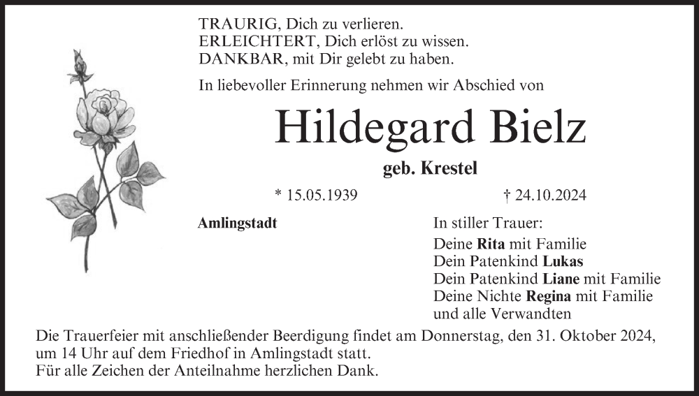  Traueranzeige für Hildegard Bielz vom 26.10.2024 aus MGO