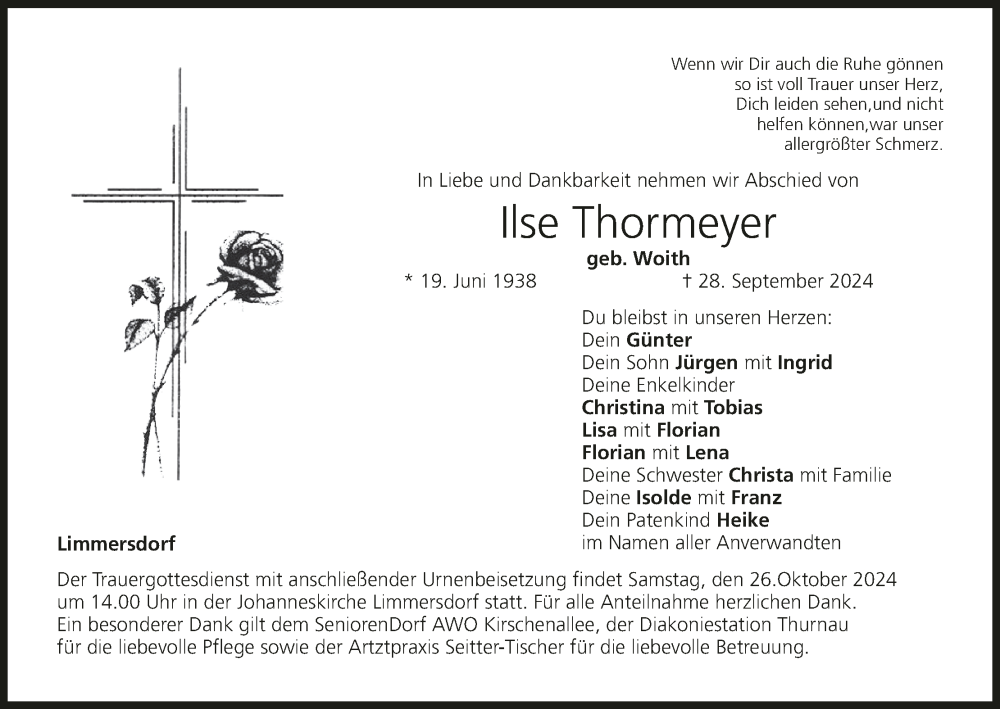  Traueranzeige für Ilse Thormeyer vom 23.10.2024 aus MGO