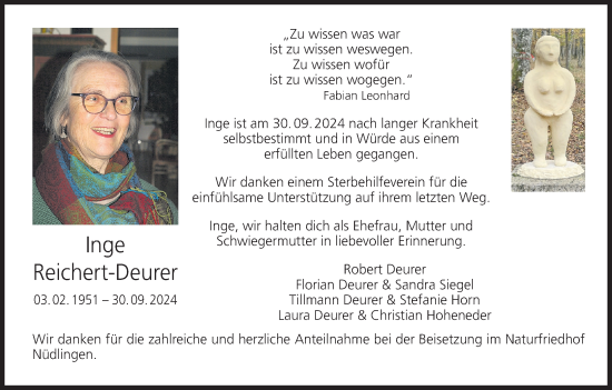Anzeige von Inge Reichert-Deurer von MGO