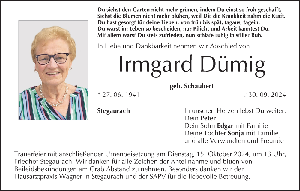  Traueranzeige für Irmgard Dümig vom 05.10.2024 aus MGO