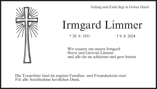 Anzeige von Irmgard Limmer von MGO