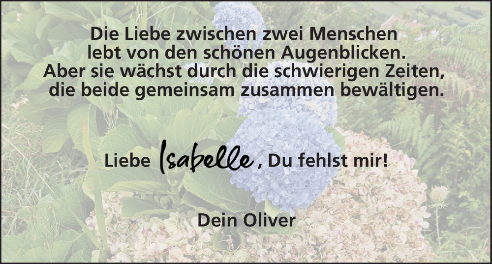  Traueranzeige für Isabelle  vom 26.10.2024 aus MGO