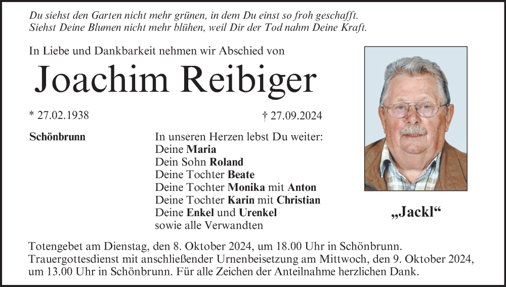  Traueranzeige für Joachim Reibiger vom 05.10.2024 aus MGO