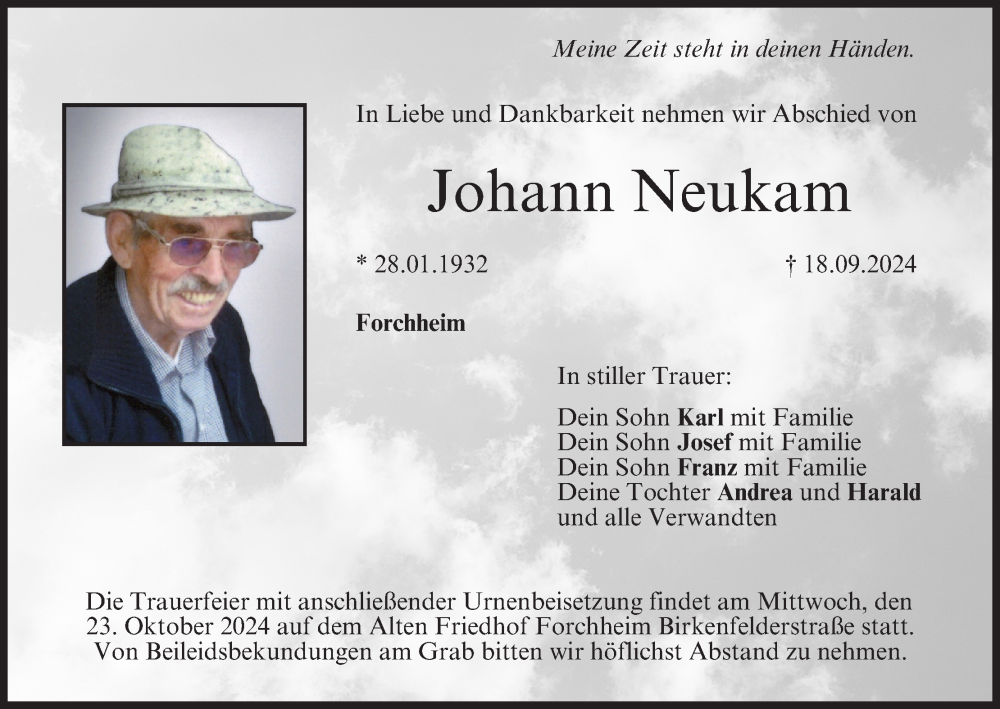  Traueranzeige für Johann Neukam vom 19.10.2024 aus MGO