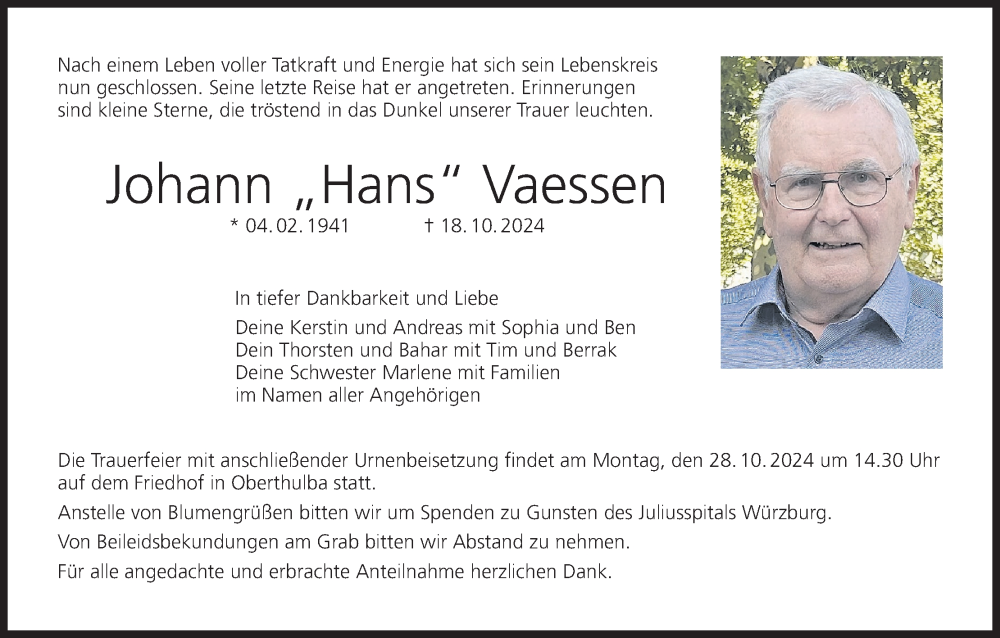  Traueranzeige für Johann Vaessen vom 26.10.2024 aus MGO