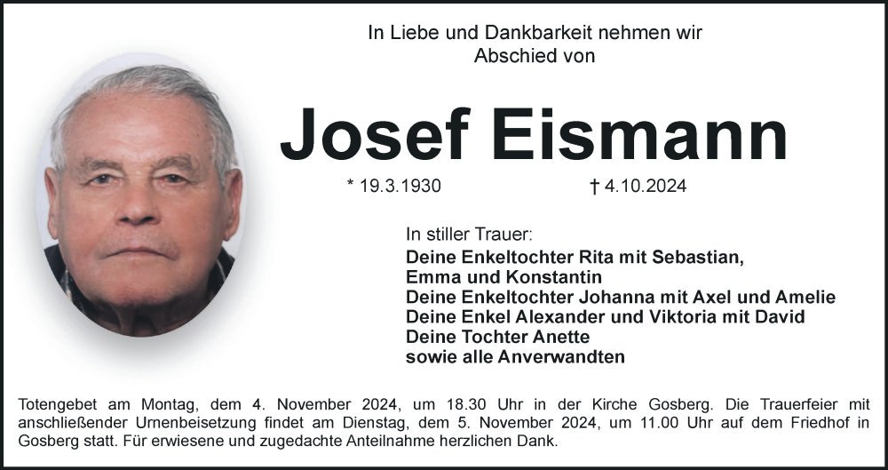  Traueranzeige für Josef Eismann vom 26.10.2024 aus MGO
