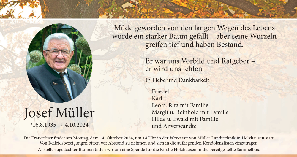  Traueranzeige für Josef Müller vom 09.10.2024 aus MGO