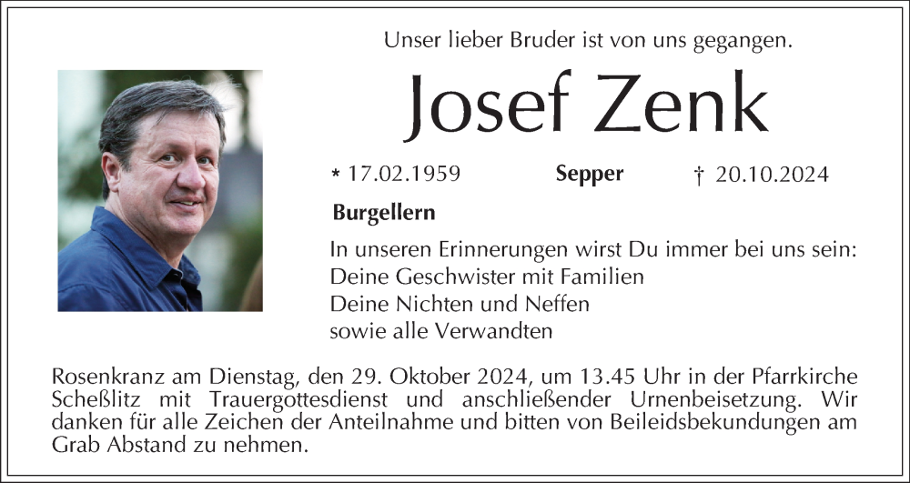  Traueranzeige für Josef Zenk vom 26.10.2024 aus MGO