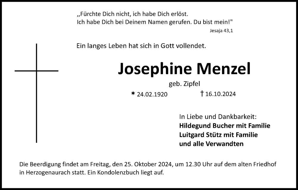  Traueranzeige für Josephine Menzel vom 19.10.2024 aus MGO