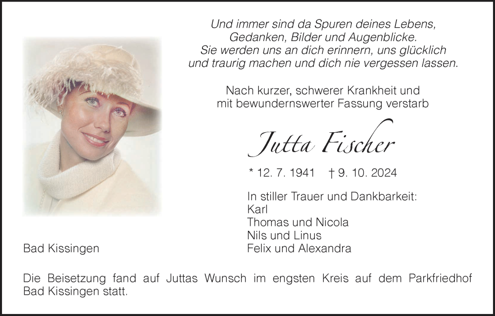  Traueranzeige für Jutta Fischer vom 26.10.2024 aus MGO