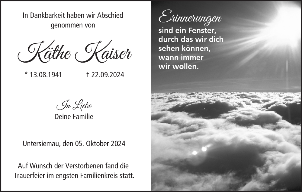  Traueranzeige für Käthe Kaiser vom 05.10.2024 aus MGO