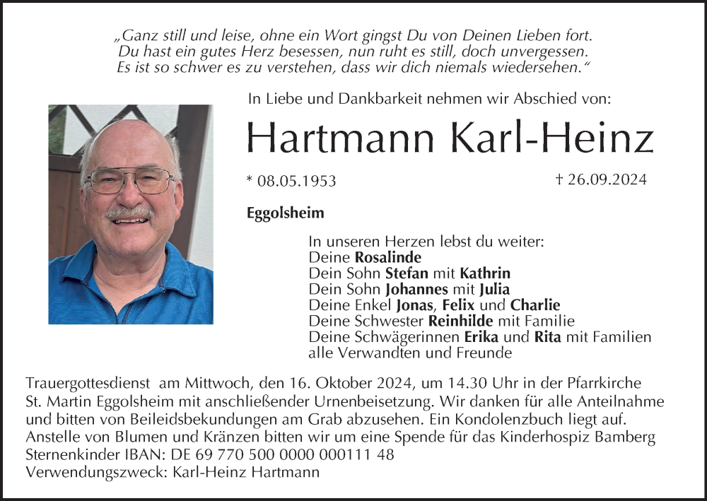 Traueranzeige für Karl-Heinz Hartmann vom 12.10.2024 aus MGO