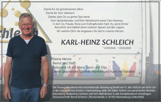 Anzeige von Karl-Heinz Schleich von MGO