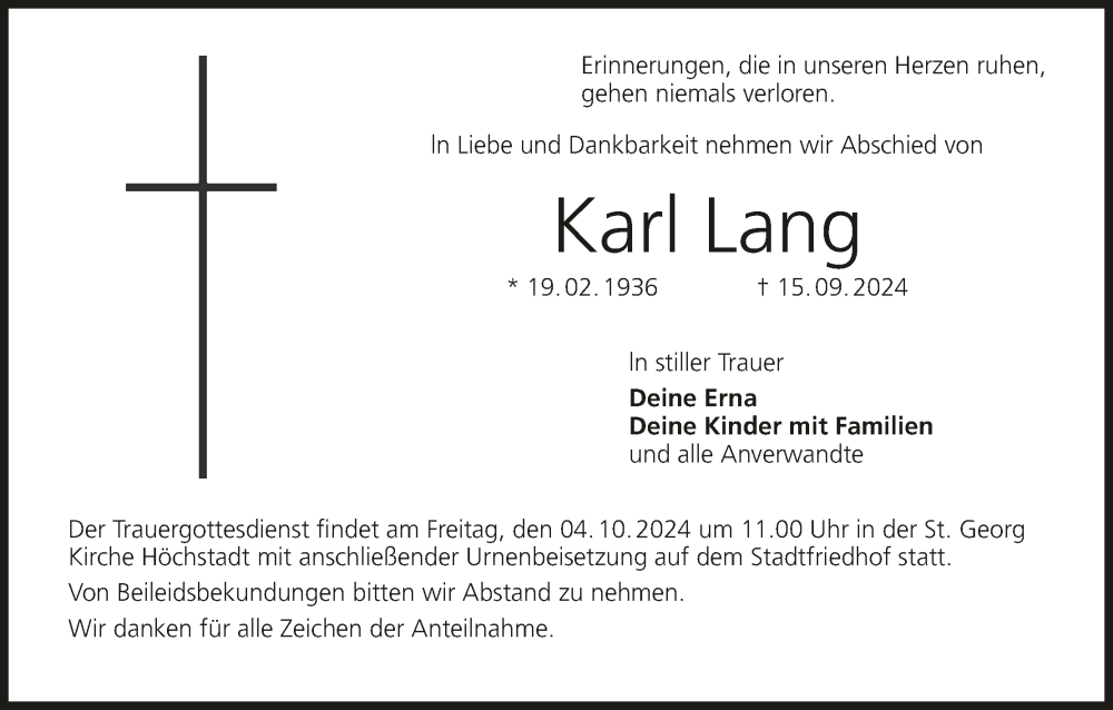  Traueranzeige für Karl Lang vom 01.10.2024 aus MGO