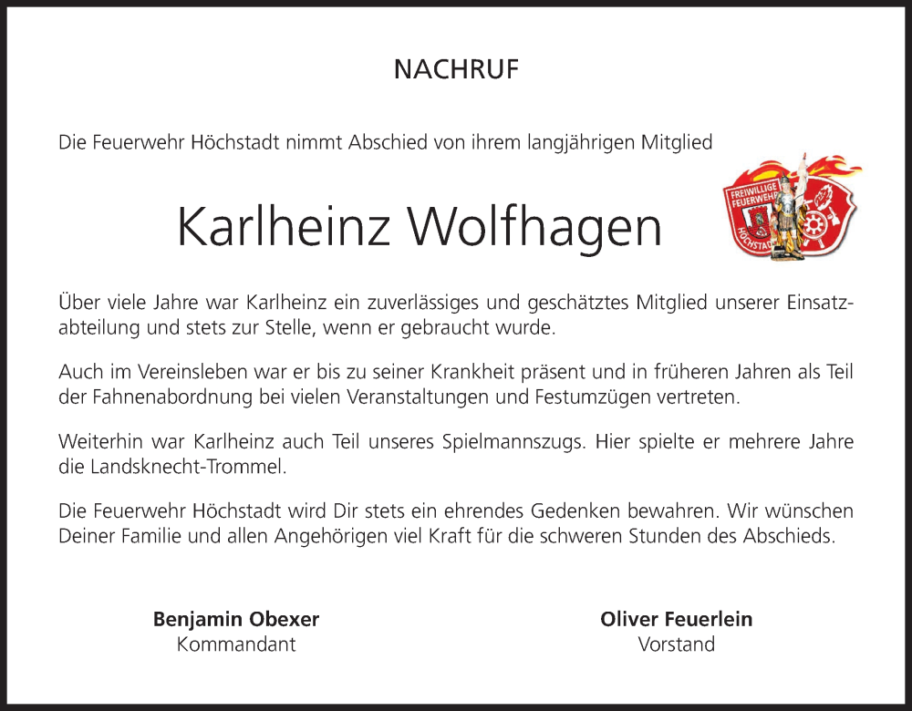  Traueranzeige für Karlheinz Wolfhagen vom 18.10.2024 aus MGO