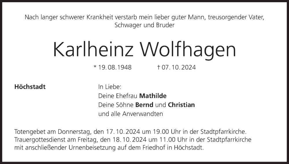  Traueranzeige für Karlheinz Wolfhagen vom 15.10.2024 aus MGO