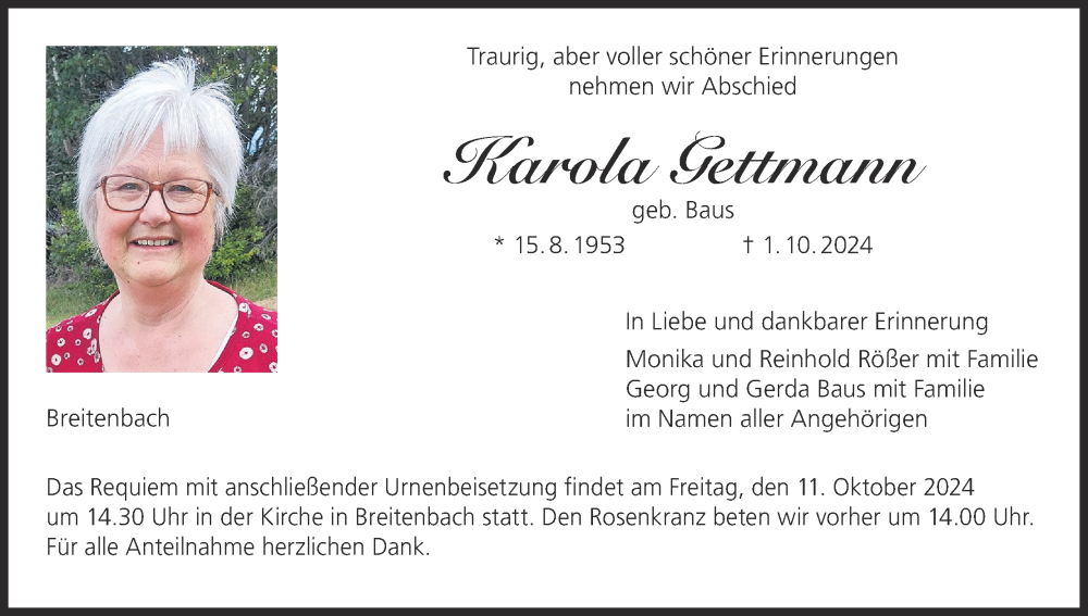  Traueranzeige für Karola Gettmann vom 05.10.2024 aus MGO