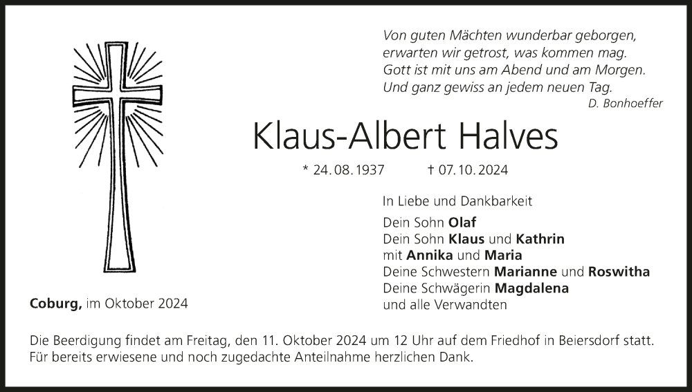  Traueranzeige für Klaus-Albert Halves vom 09.10.2024 aus MGO