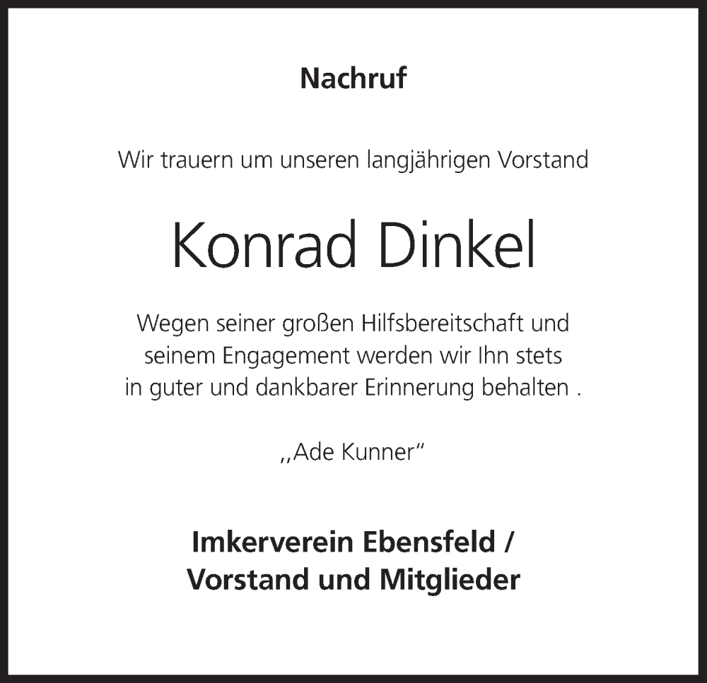  Traueranzeige für Konrad Dinkel vom 05.10.2024 aus MGO