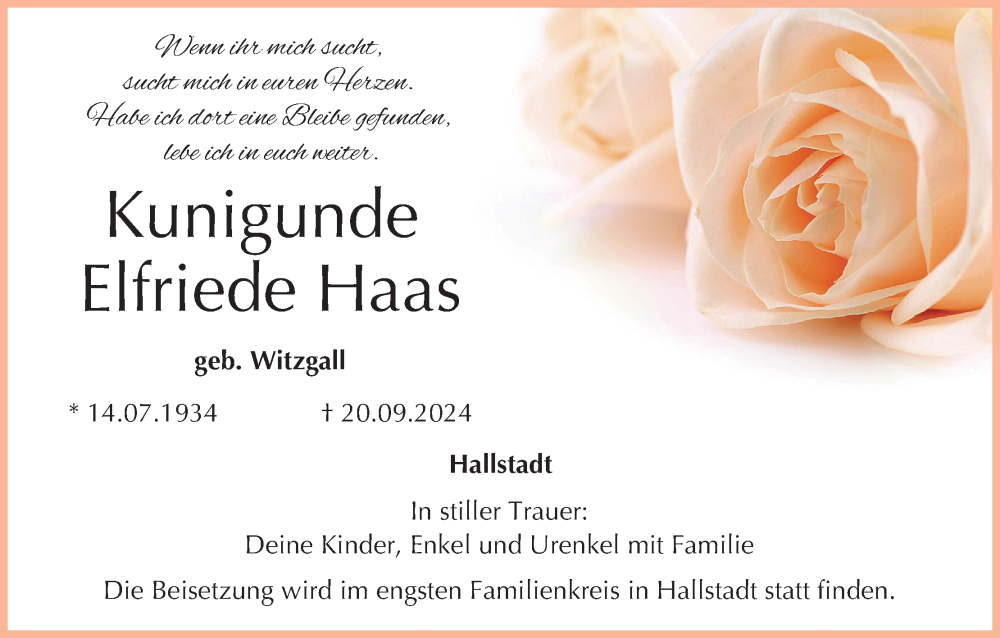  Traueranzeige für Kunigunde Elfriede Haas vom 12.10.2024 aus MGO