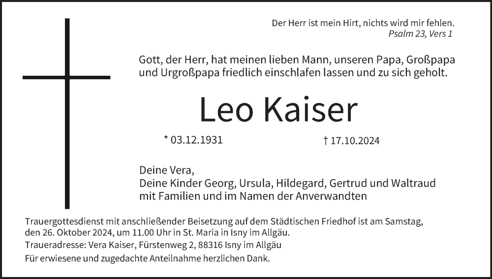  Traueranzeige für Leo Kaiser vom 23.10.2024 aus MGO