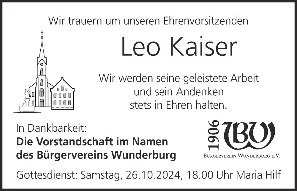  Traueranzeige für Leo Kaiser vom 26.10.2024 aus MGO