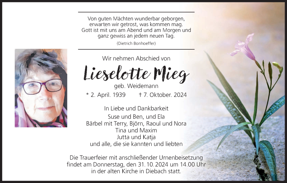  Traueranzeige für Lieselotte Mieg vom 26.10.2024 aus MGO