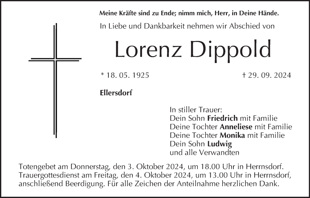  Traueranzeige für Lorenz Dippold vom 02.10.2024 aus MGO
