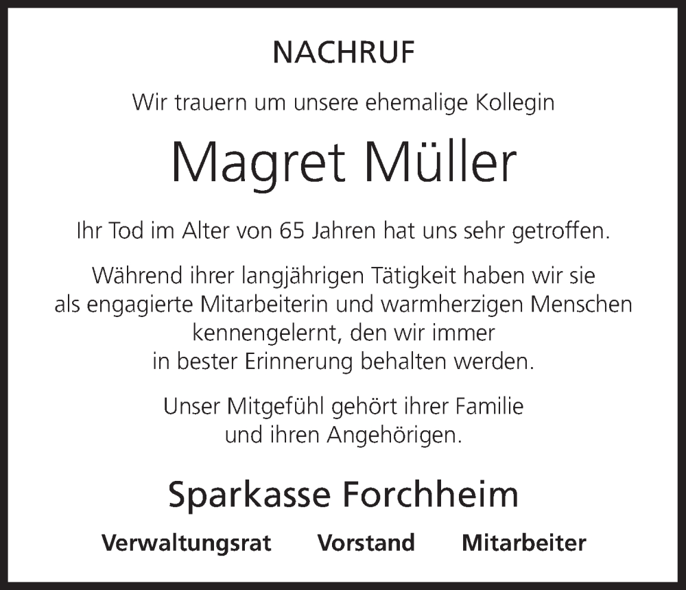  Traueranzeige für Magret Müller vom 16.10.2024 aus MGO