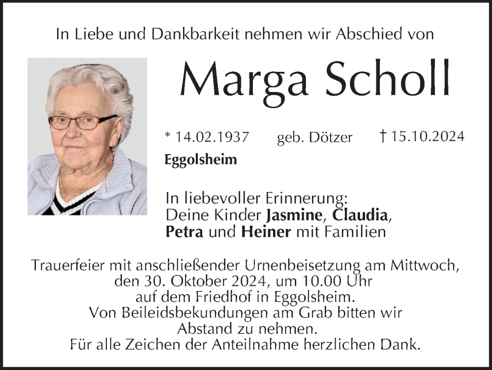 Traueranzeige für Marga Scholl vom 26.10.2024 aus MGO