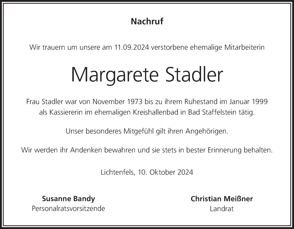  Traueranzeige für Margarete Stadler vom 11.10.2024 aus MGO