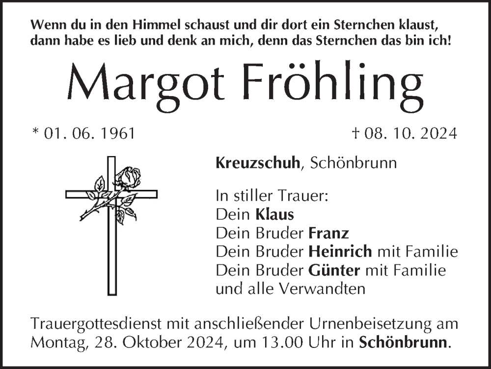  Traueranzeige für Margot Fröhling vom 26.10.2024 aus MGO