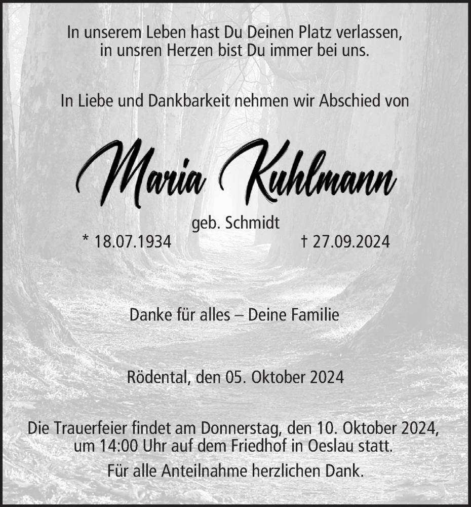  Traueranzeige für Maria Kuhlmann vom 05.10.2024 aus MGO