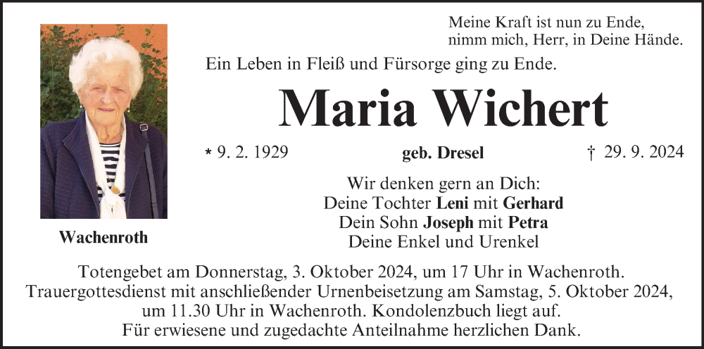  Traueranzeige für Maria Wichert vom 02.10.2024 aus MGO