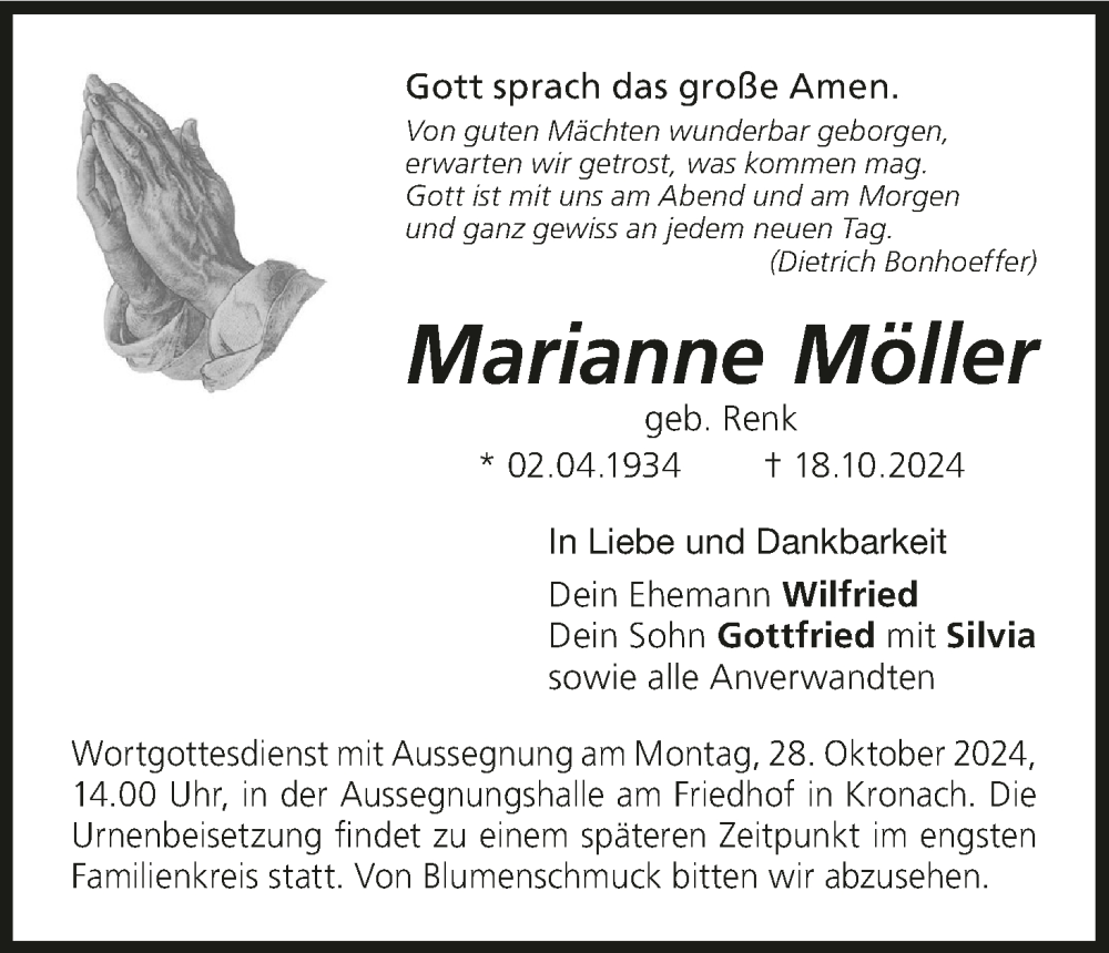  Traueranzeige für Marianne Möller vom 23.10.2024 aus MGO