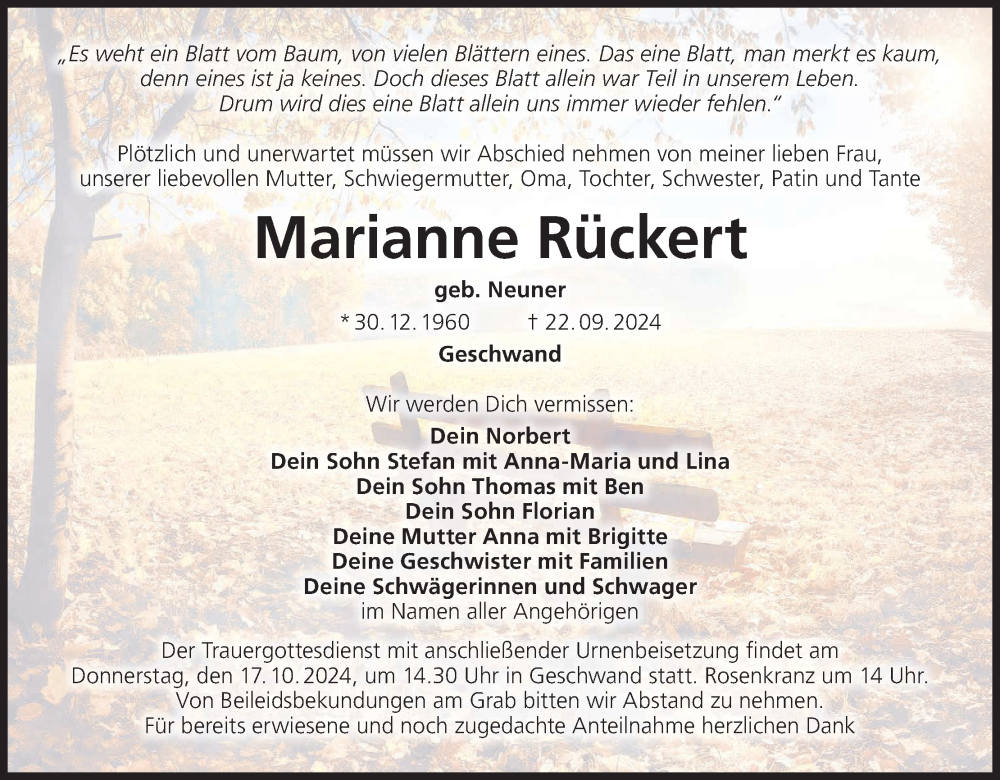 Traueranzeige für Marianne Rückert vom 12.10.2024 aus MGO