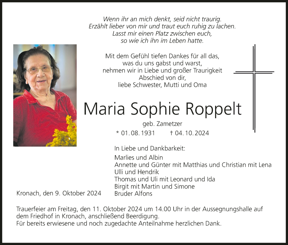  Traueranzeige für Maria Sophie Roppelt vom 09.10.2024 aus MGO