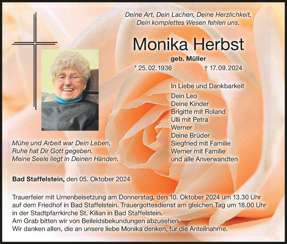  Traueranzeige für Monika Herbst vom 05.10.2024 aus MGO