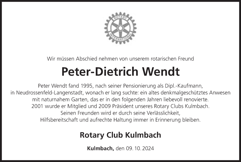  Traueranzeige für Peter-Dietrich Wendt vom 12.10.2024 aus MGO