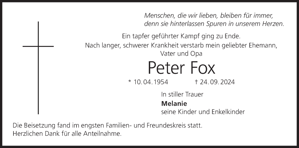  Traueranzeige für Peter Fox vom 08.10.2024 aus MGO