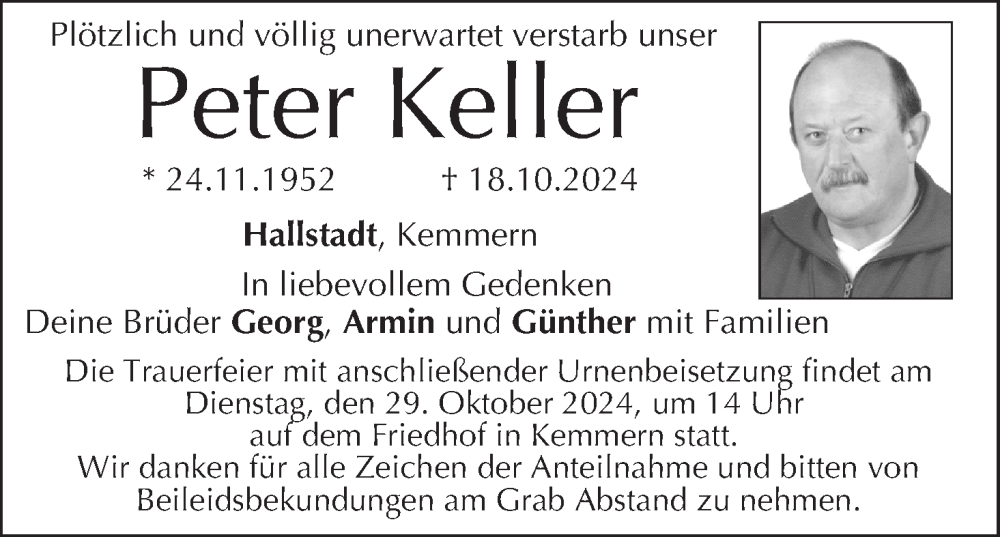  Traueranzeige für Peter Keller vom 26.10.2024 aus MGO