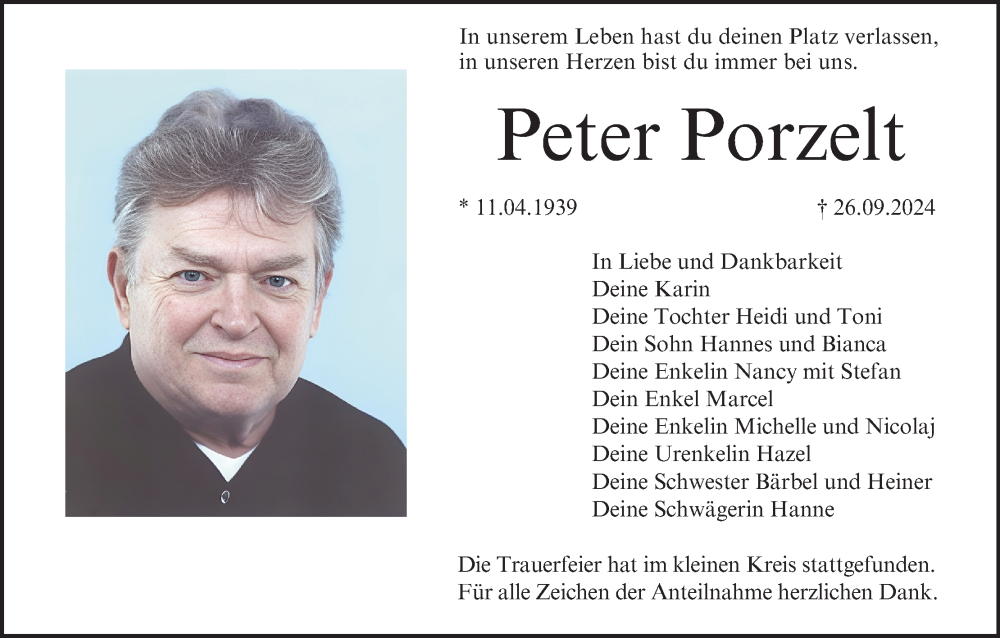  Traueranzeige für Peter Porzelt vom 12.10.2024 aus MGO
