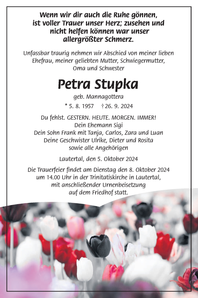  Traueranzeige für Petra Stupka vom 05.10.2024 aus MGO