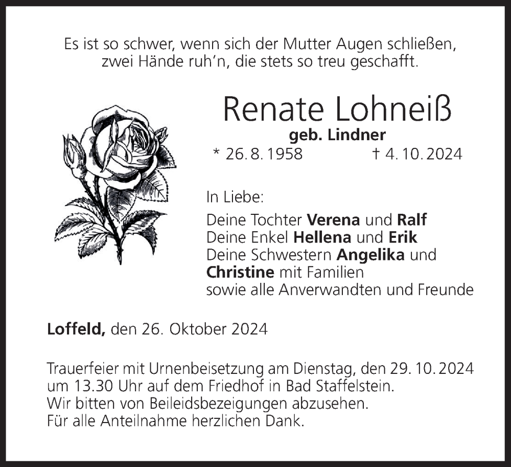  Traueranzeige für Renate Lohneiß vom 26.10.2024 aus MGO