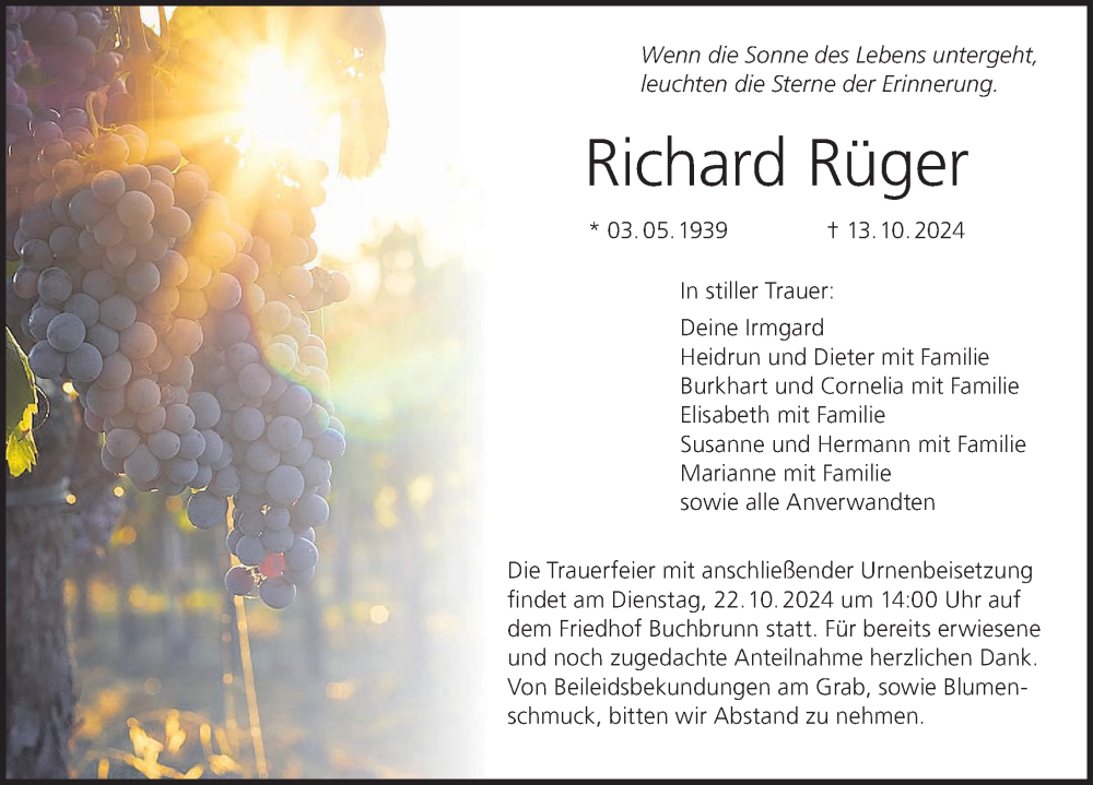  Traueranzeige für Richard Rüger vom 19.10.2024 aus MGO