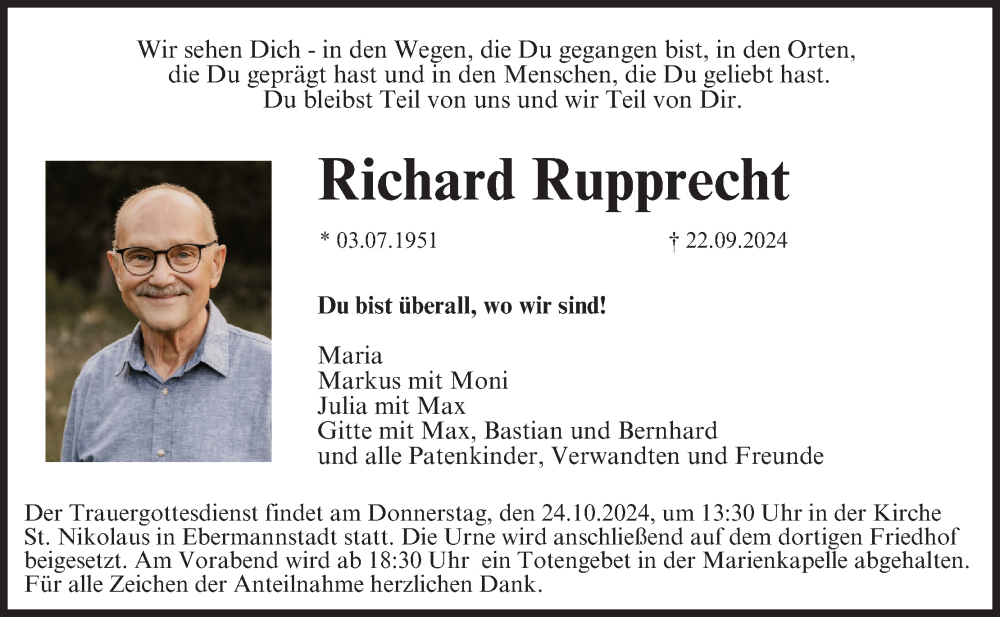  Traueranzeige für Richard Rupprecht vom 19.10.2024 aus MGO
