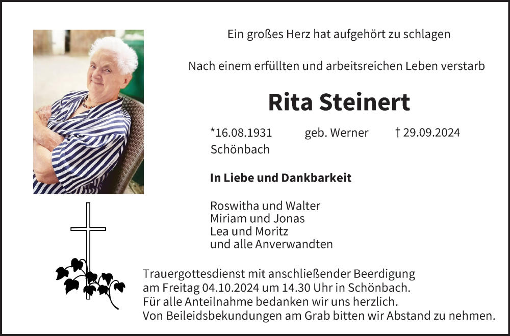  Traueranzeige für Rita Steinert vom 02.10.2024 aus MGO